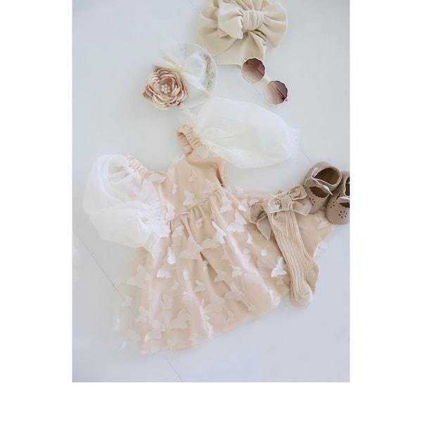 Baby Girl Easter Spring Boho Butterfly Tulle Dress Long Sleeve Neutral Lace Bow Sisters Outfit Baby Shower 6 Months-3T Summer Sundress