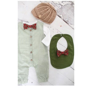 Christmas Holiday Baby Boy Green Gingham Jumpsuit Romper with Bow Tie Bodysuit Baby Boy Coming Home Outfit 1st Birthday Outfit Newsboy Hat