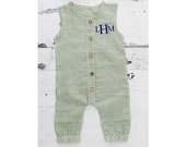 Summer Baby Boy Green Gingham Romper with Monogram or Name Overalls Jumpsuit Newborn Baby Coming Home Outfit 1st Birthday Outfit Newsboy Hat