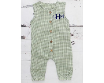 Easter Baby Boy Green Gingham Romper with Monogram or Name Overalls Jumpsuit Newborn Baby Coming Home Outfit 1st Birthday Set Newsboy Hat