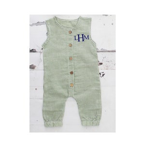 Easter Baby Boy Green Gingham Romper with Monogram or Name Overalls Jumpsuit Newborn Baby Coming Home Outfit 1st Birthday Set Newsboy Hat