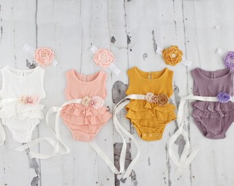 SALE! Summer Baby Girl Ruffle Romper w Sash & Headband. White, Pink, Mustard, Lavender. Newborn Coming Home Outfit, 1st Birthday Outfit