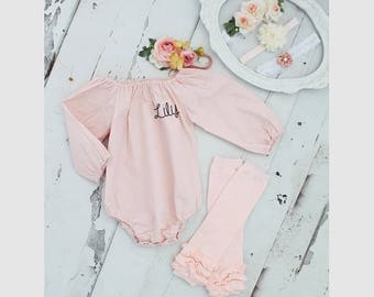 Thanksgiving Boho Chic Blush Pink Personalized Romper, Floral Crown Headband Newborn Baby Girl Coming Home Outfit 1st Birthday  Mommy Me