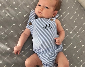 Summer Baby Boy Romper with Monogram or Name.  Linen like or Seersucker Newborn Baby Boy Coming Home Outfit, 1st Birthday Outfit Newsboy Hat