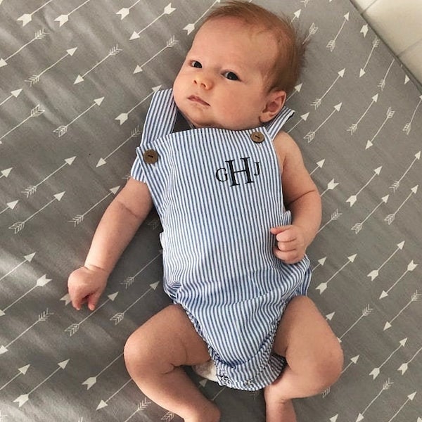 Summer Baby Boy Romper with Monogram or Name.  Linen like or Seersucker Newborn Baby Boy Coming Home Outfit, 1st Birthday Outfit Newsboy Hat