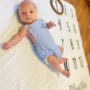 Summer Baby Boy Romper with Monogram or Name.  Linen like or Seersucker Newborn Baby Boy Coming Home Outfit, 1st Birthday Outfit Newsboy Hat