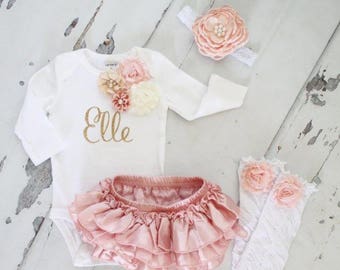 Newborn Baby Girl Coming Home Outfit Set up to 4 Items, Blush Ruffle Diaper Cover Rose Leg Warmer Personalized Floral Valentine’s Day Easter