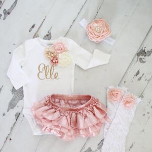 Newborn Baby Girl Coming Home Outfit Set up to 4 Items, Blush Ruffle Diaper Cover Rose Leg Warmer Personalized Floral Valentines Day Easter image 1