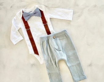 Newborn Baby Boy Coming Home Outfit Set. Seer Sucker Bow Tie Suspender Bodysuit, Knit Pants & Seer Sucker Newsboy Hat Tie Summer Holiday