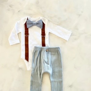 Newborn Baby Boy Coming Home Outfit Set. Seer Sucker Bow Tie Suspender Bodysuit, Knit Pants & Seer Sucker Newsboy Hat Tie Summer Holiday image 2