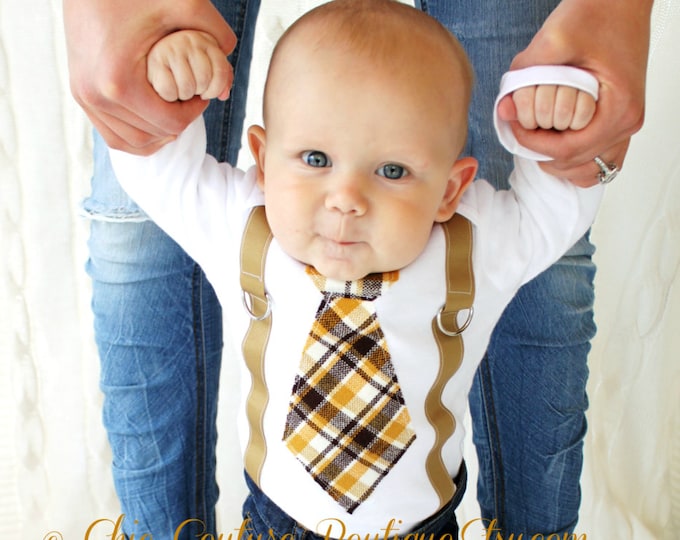 Baby Boy Tie & Suspenders Bodysuit. 1st Birthday Outfit. Brown, Mustard