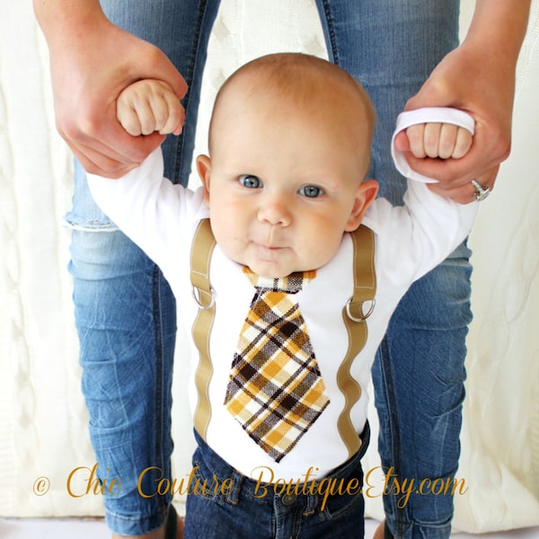 Baby Boy Tie & Suspenders Bodysuit. 1st Birthday Outfit. Brown, Mustard, Citrine Plaid. Newborn Coming Home Outfit, Thanksgiving Holiday