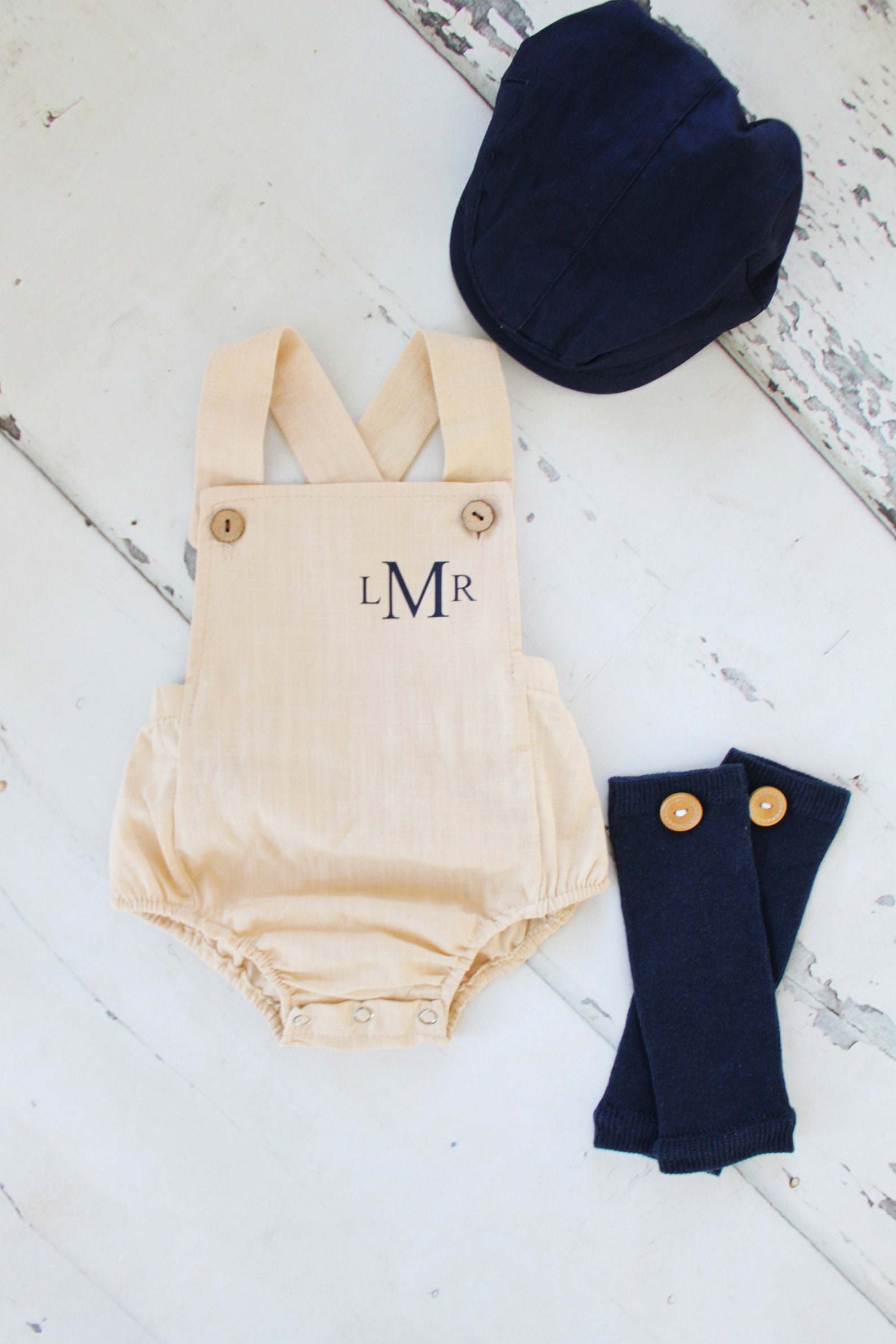 Easter Spring Baby Boy Romper With Monogram or Name Khaki Linen Like ...