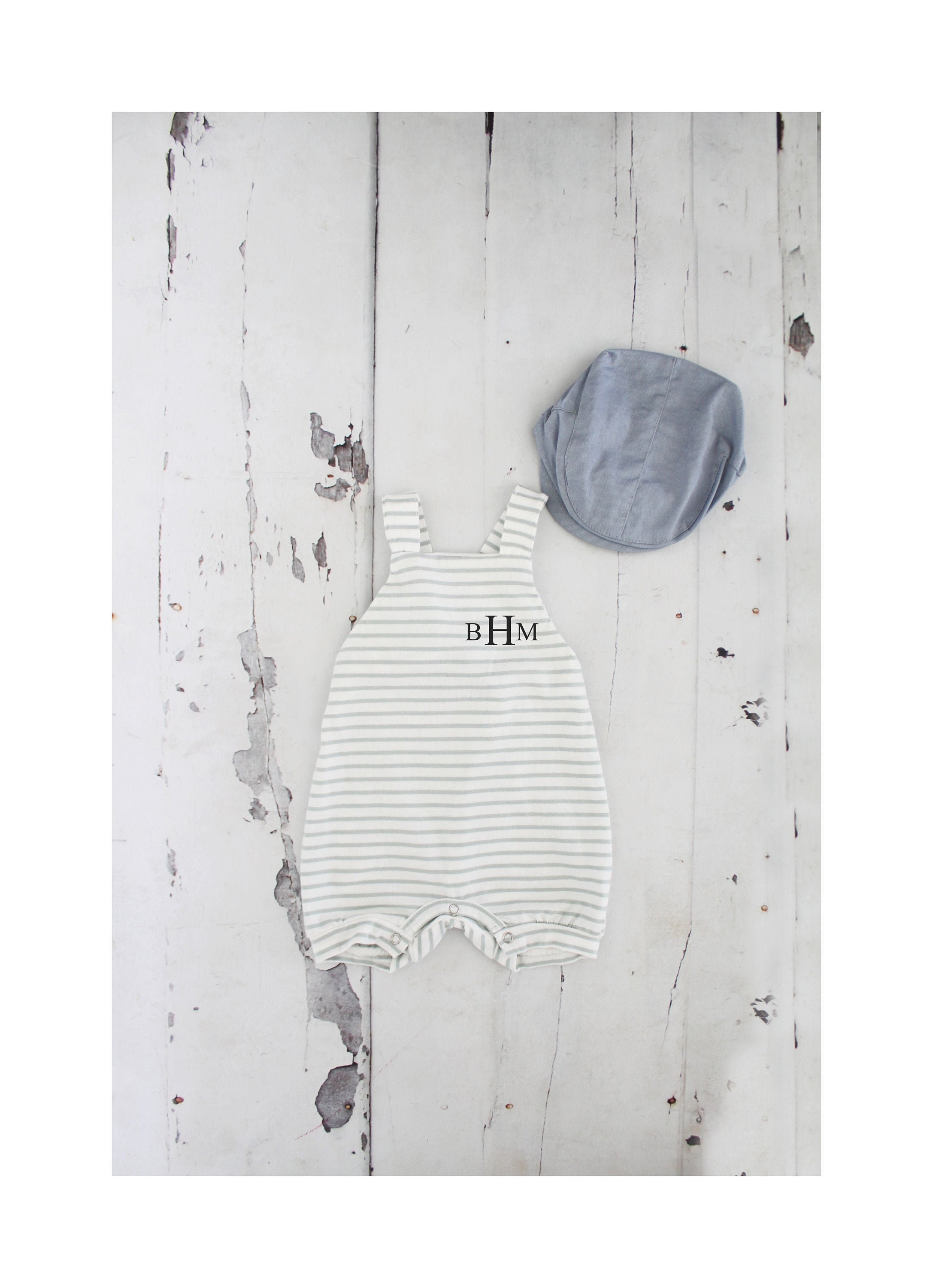 Easter, Summer Baby Boy Romper Monogram or Name Knit Gray/Green Strip…