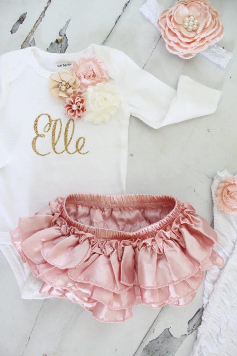 Newborn Baby Girl Coming Home Outfit Set up to 4 Items, Blush Ruffle Diaper Cover Rose Leg Warmer Personalized Floral Valentines Day Easter image 4