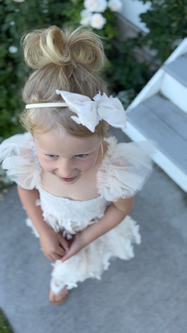 Baby Girl Easter Spring Boho Butterfly Tulle Dress or Romper, Neutral Ivory Cream Lace Bow Coming Home Outfit Summer Wedding Flower Girl image 5