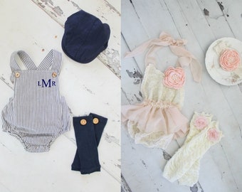 Summer Twin Baby Boy & Baby Girl Romper Set. Newborn Coming Home Outfits, 1st Birthday Outfits Personalized Seersucker and Boho Lace Rompers