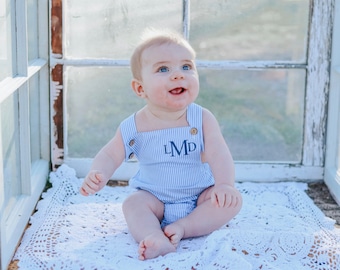 Summer Baby Boy Romper with Monogram or Name.  Linen like or Seersucker Newborn Baby Boy Coming Home Outfit, 1st Birthday Outfit Newsboy Hat