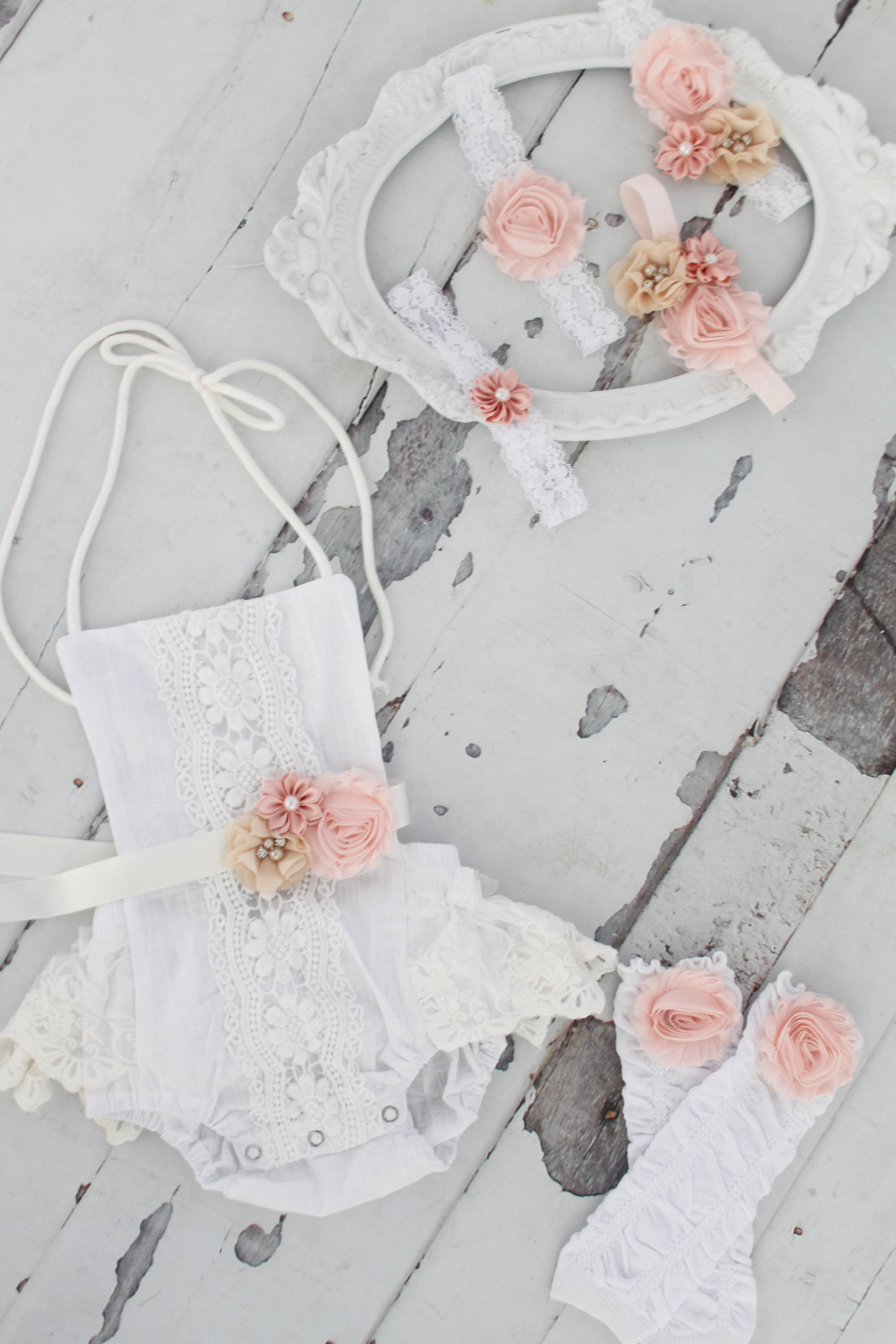 Summer Boho Chic White Lace Romper w Blush Sash & Headband. Newborn B…