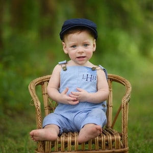 Easter, Summer Baby Boy Overalls Romper w Monogram or Name. Seersucker Newborn Baby Boy Coming Home Outfit 1st Birthday  Newsboy Hat Jumper