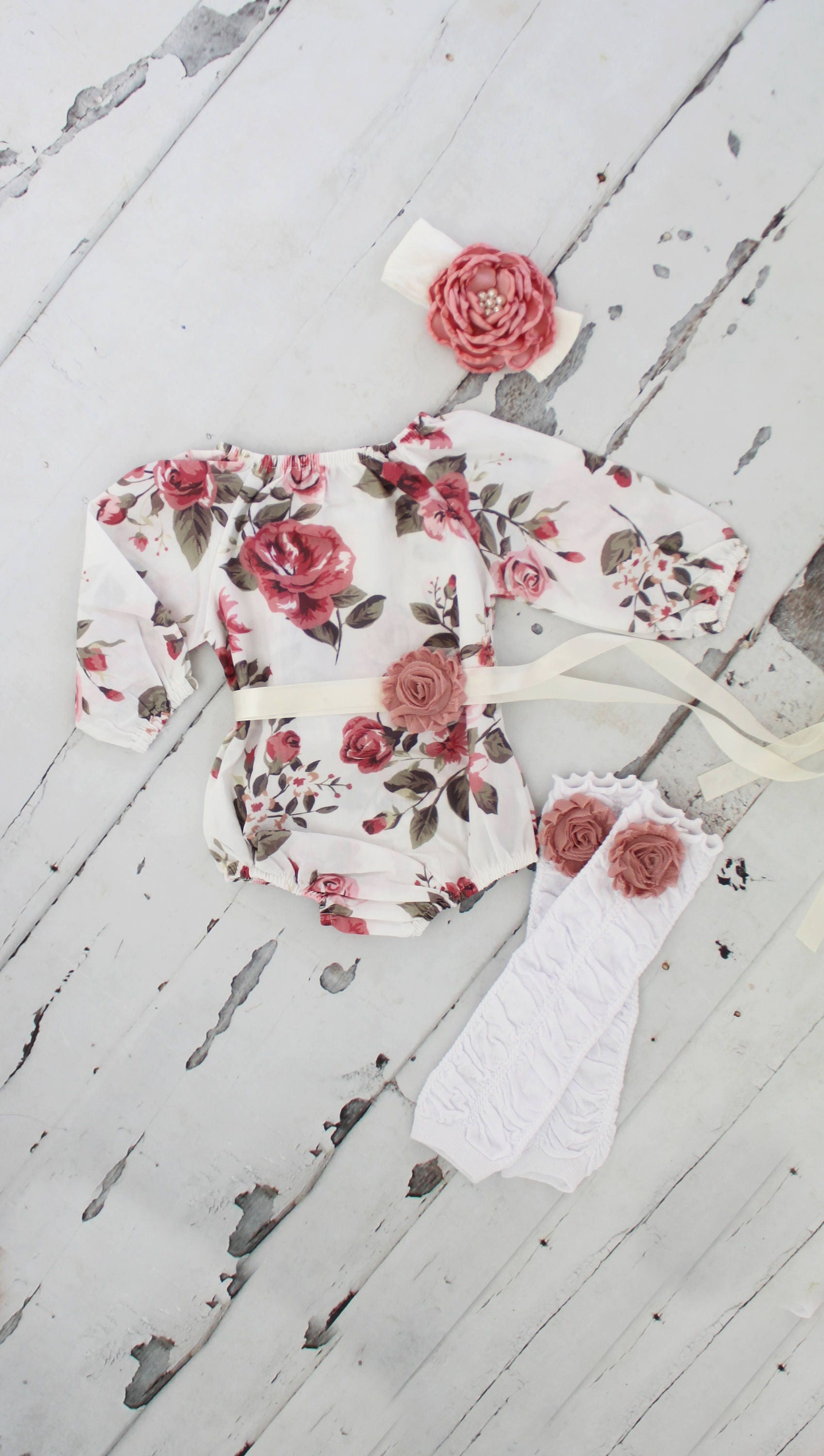 Fall Boho Chic Floral Shoulder Romper Sash & Headband Newborn Baby Gi…
