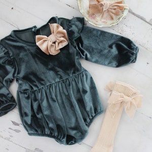 Thanksgiving Velvet Romper. Baby Girl Boho Chic Blueish Green Velvet Holiday Outfit. Flower Girl, Baby Girl 1st Birthday, Coming Home Outfit image 3