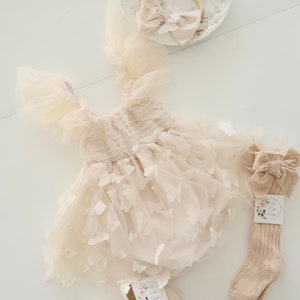 Baby Girl Easter Spring Boho Butterfly Tulle Dress or Romper, Neutral Ivory Cream Lace Bow Coming Home Outfit Summer Wedding Flower Girl image 7