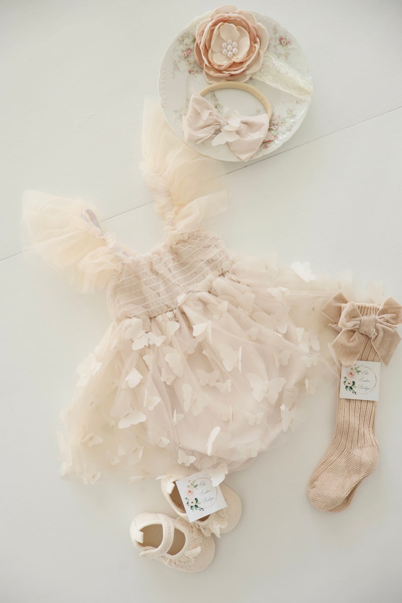 Baby Girl Easter Spring Boho Butterfly Tulle Dress or Romper, Neutral Ivory Cream Lace Bow Coming Home Outfit Summer Wedding Flower Girl image 7