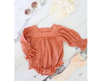 Boho Chic Fall Pumpkin Spice Baby Girl's Romper, Girl Fall Outfit, Rustic Pumpkin Baby Romper Girl Outfit, 1st Birthday, Fall Outfit Ginger