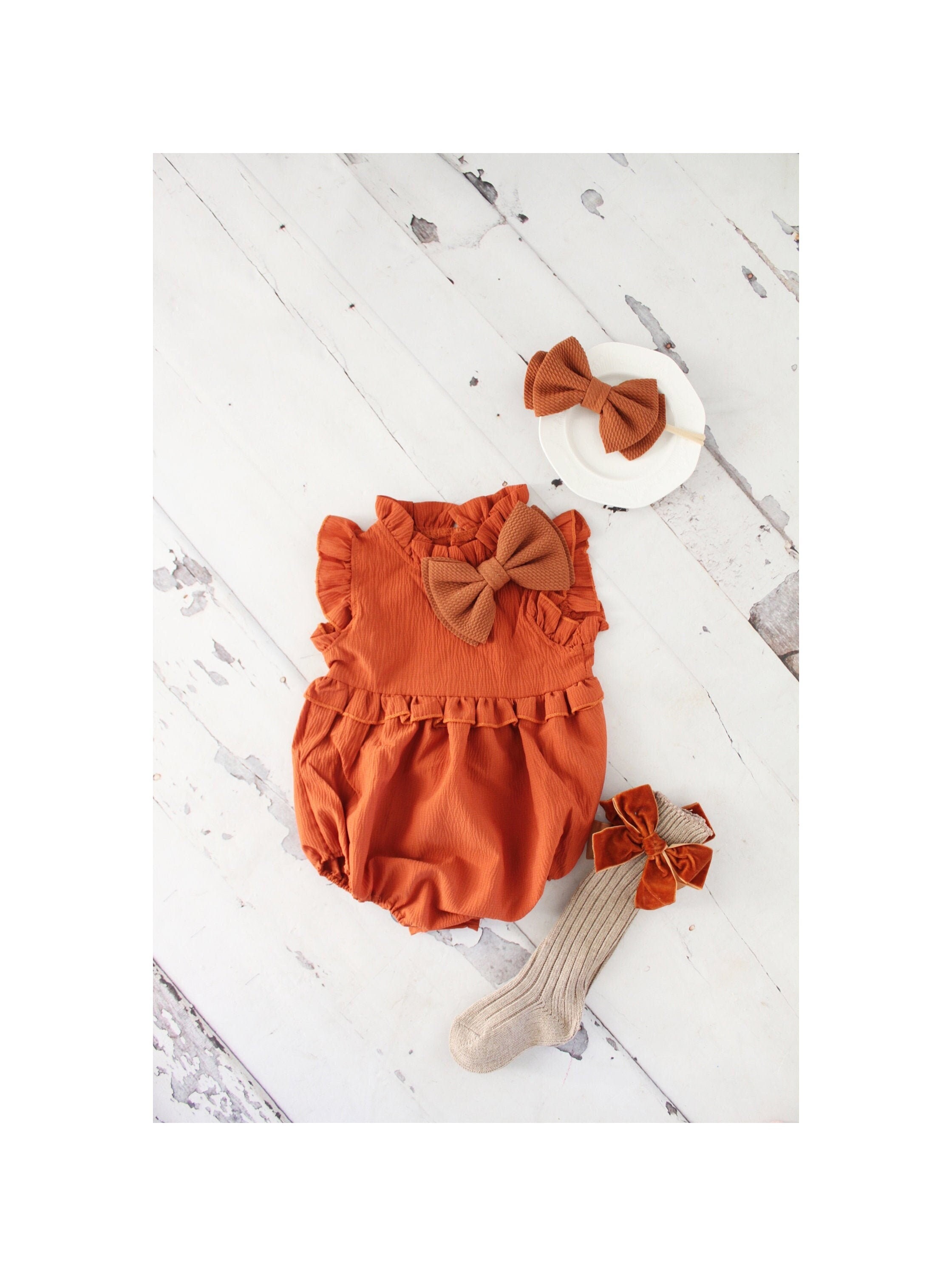 Boho Chic Fall Pumpkin Spice Baby Girl's Romper, Girl Fall Outfit…