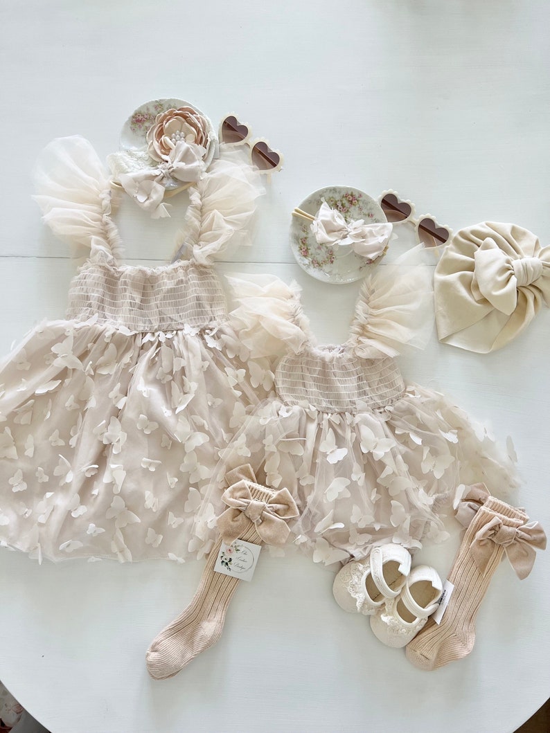 Baby Girl Easter Spring Boho Butterfly Tulle Dress or Romper, Neutral Ivory Cream Lace Bow Coming Home Outfit Summer Wedding Flower Girl image 2