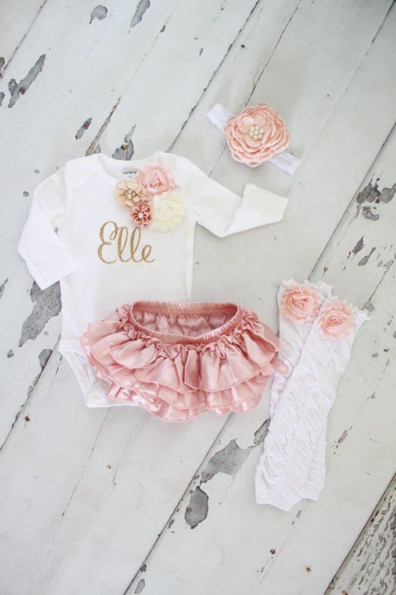 Newborn Baby Girl Coming Home Outfit Set up to 4 Items, Blush Ruffle Diaper Cover Rose Leg Warmer Personalized Floral Valentines Day Easter image 1