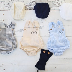 Summer Baby Boy Romper with Monogram or Name.  Linen like or Seersucker Newborn Baby Boy Coming Home Outfit, 1st Birthday Outfit Newsboy Hat