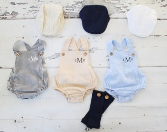 Summer Baby Boy Romper with Monogram or Name.  Linen like or Seersucker Newborn Baby Boy Coming Home Outfit, 1st Birthday Outfit Newsboy Hat