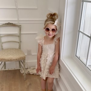 Baby Girl Easter Spring Boho Butterfly Tulle Dress or Romper, Neutral Ivory Cream Lace Bow Coming Home Outfit Summer Wedding Flower Girl image 6