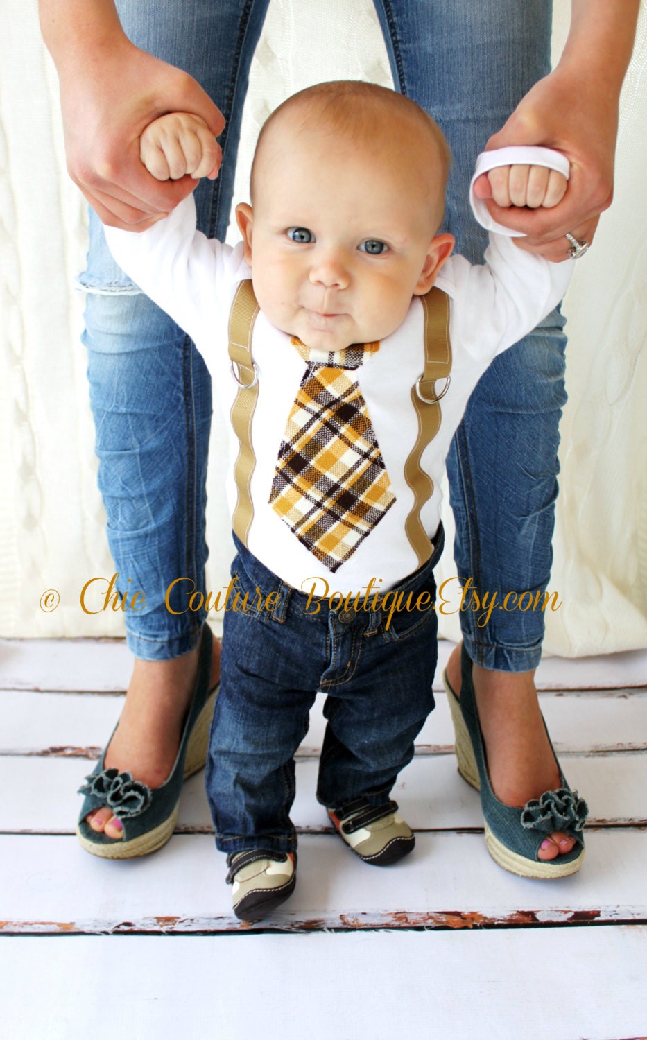 Baby Boy Tie & Suspenders Bodysuit. 1st Birthday Outfit. Brown, Musta…