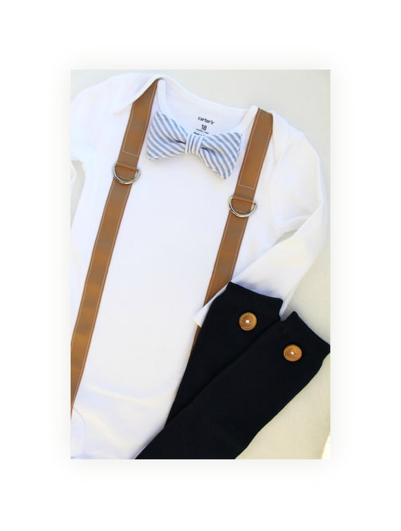 Easter Spring Baby Boy Baby Blue Seersucker Bow Tie Suspenders Bodysuit & Wood Button Leg Warmers. 1st First Birthday Outfit, Tan Blue Gift