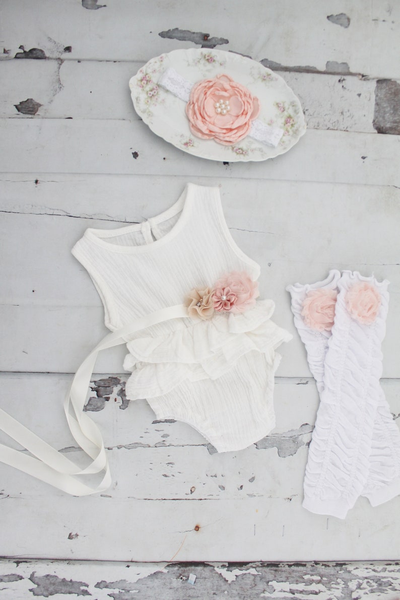 White Newborn Baby Girl Coming Home Outfit Pink 1st Birthday Outfit Summer Boho Chic Ruffle Romper w Sash /& Headband Lavender Mustard
