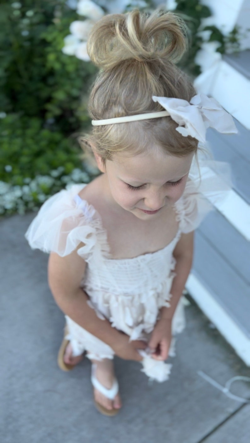 Baby Girl Easter Spring Boho Butterfly Tulle Dress or Romper, Neutral Ivory Cream Lace Bow Coming Home Outfit Summer Wedding Flower Girl image 4