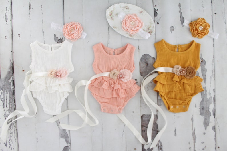 White Newborn Baby Girl Coming Home Outfit Pink 1st Birthday Outfit Summer Boho Chic Ruffle Romper w Sash /& Headband Lavender Mustard
