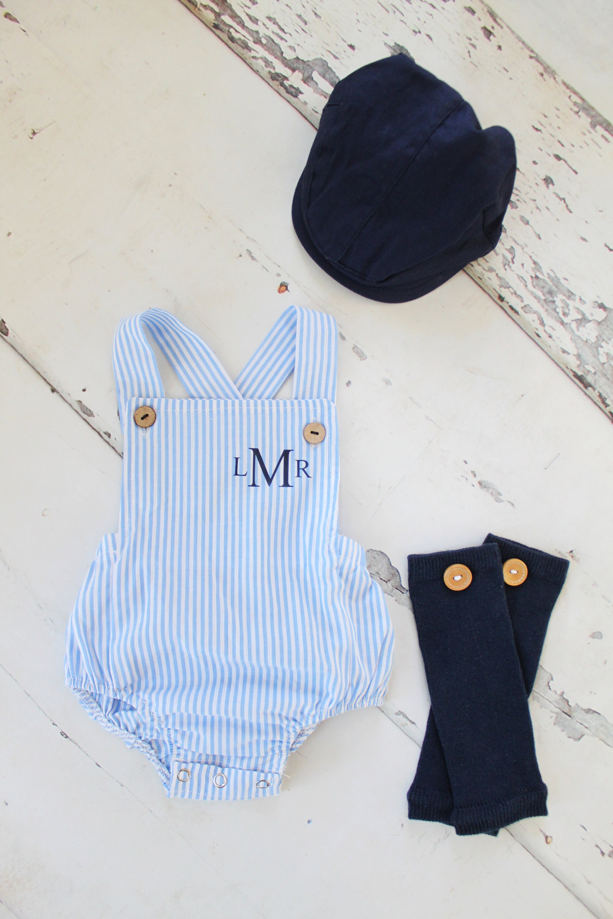 Summer Baby Boy Romper With Monogram or Name. Linen Like or