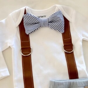 Newborn Baby Boy Coming Home Outfit Set. Seer Sucker Bow Tie Suspender Bodysuit, Knit Pants & Seer Sucker Newsboy Hat Tie Summer Holiday image 4