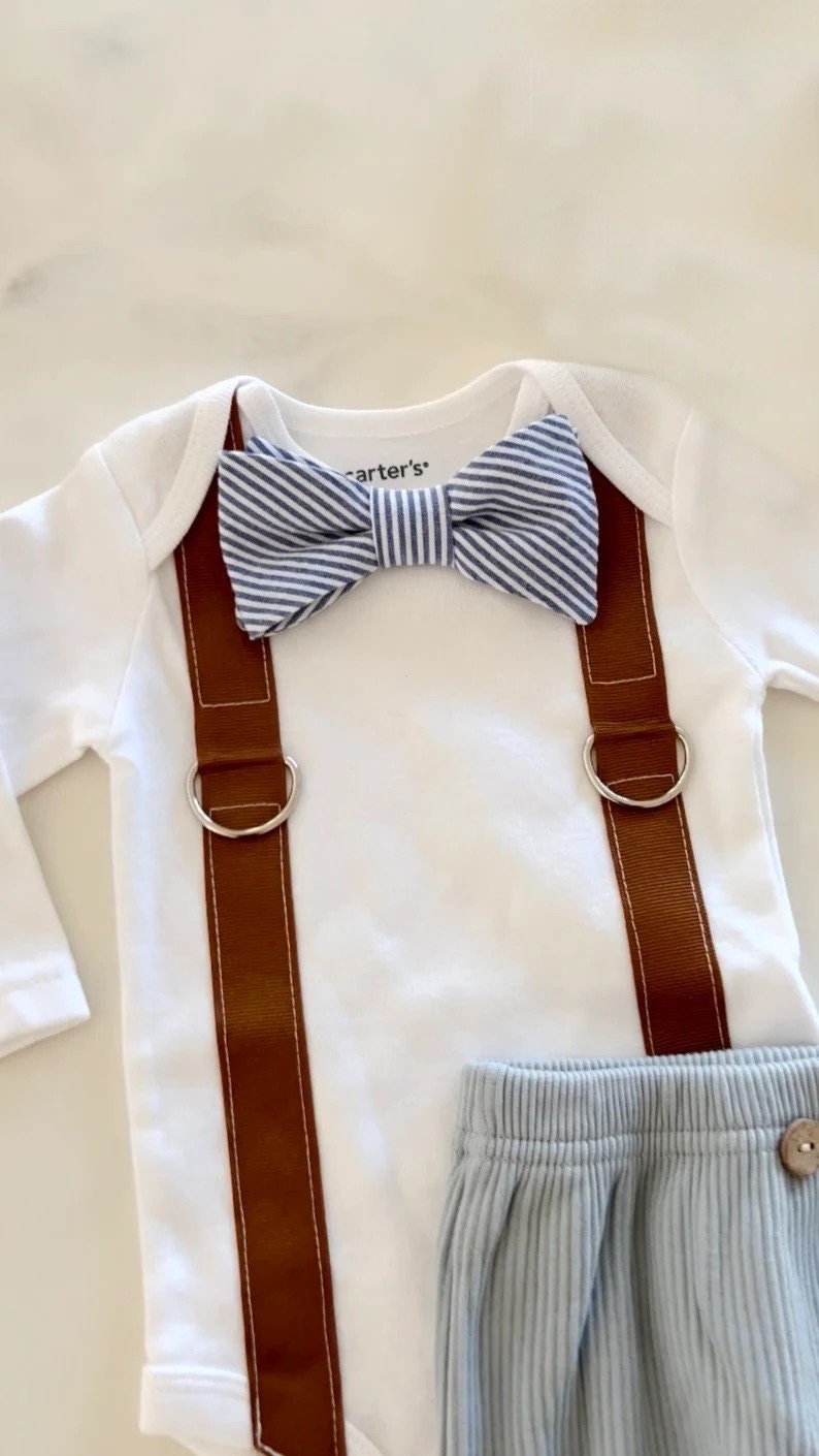 Newborn Baby Boy Coming Home Outfit Set. Seer Sucker Bow Tie Suspender Bodysuit, Knit Pants & Seer Sucker Newsboy Hat Tie Summer Holiday image 4