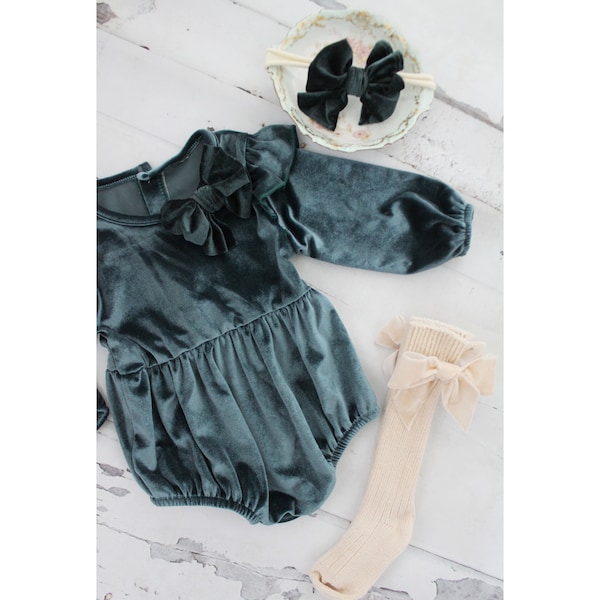 Christmas Holiday Green Velvet Long Sleeve Romper with Velvet Bow Clip, Velvet Bow Headband, & Over the Knee Velvet Bow Socks Thanksgiving