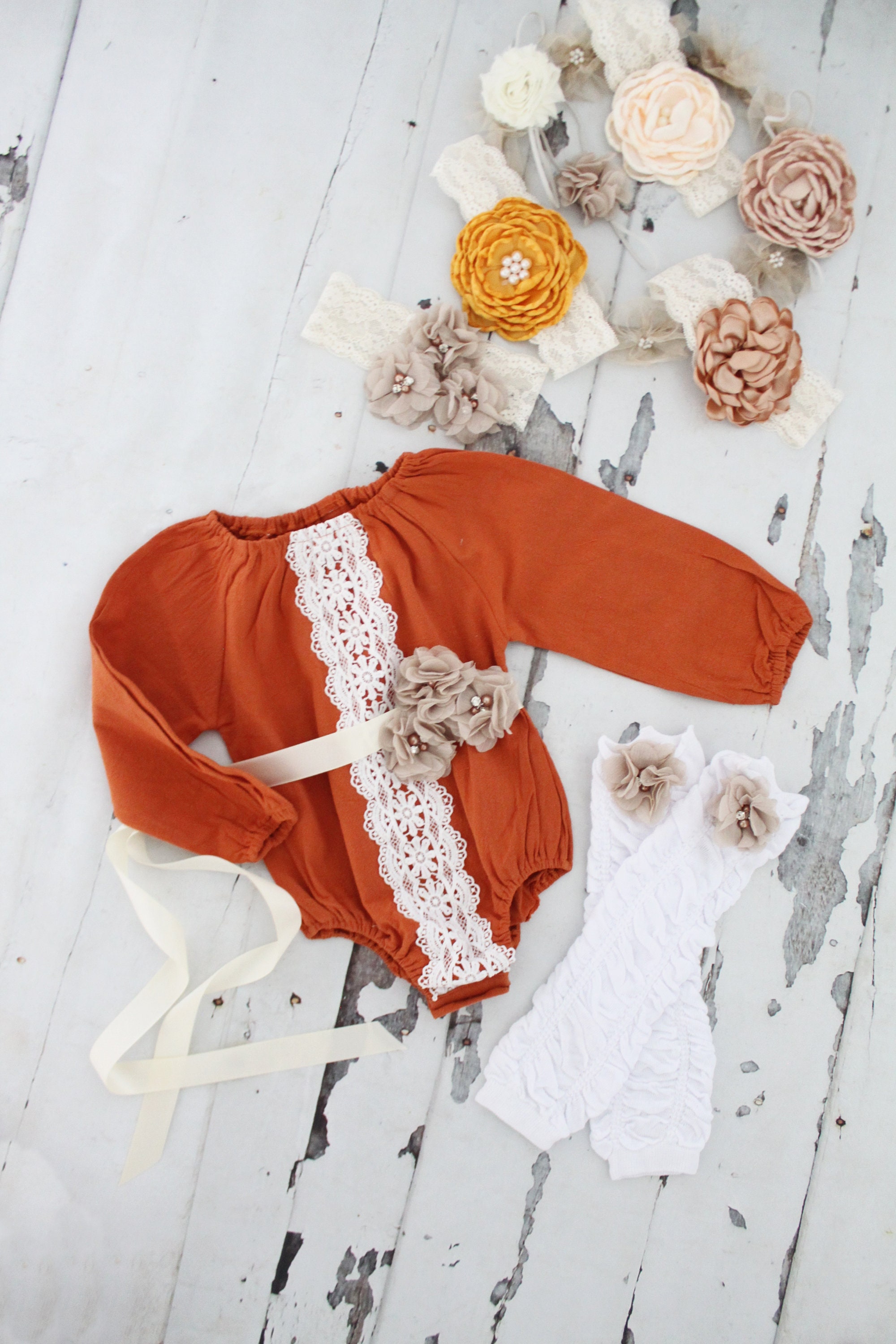 Pumpkin Boho Chic White Lace Cold Shoulder Romper Sash & Headband. Ne…