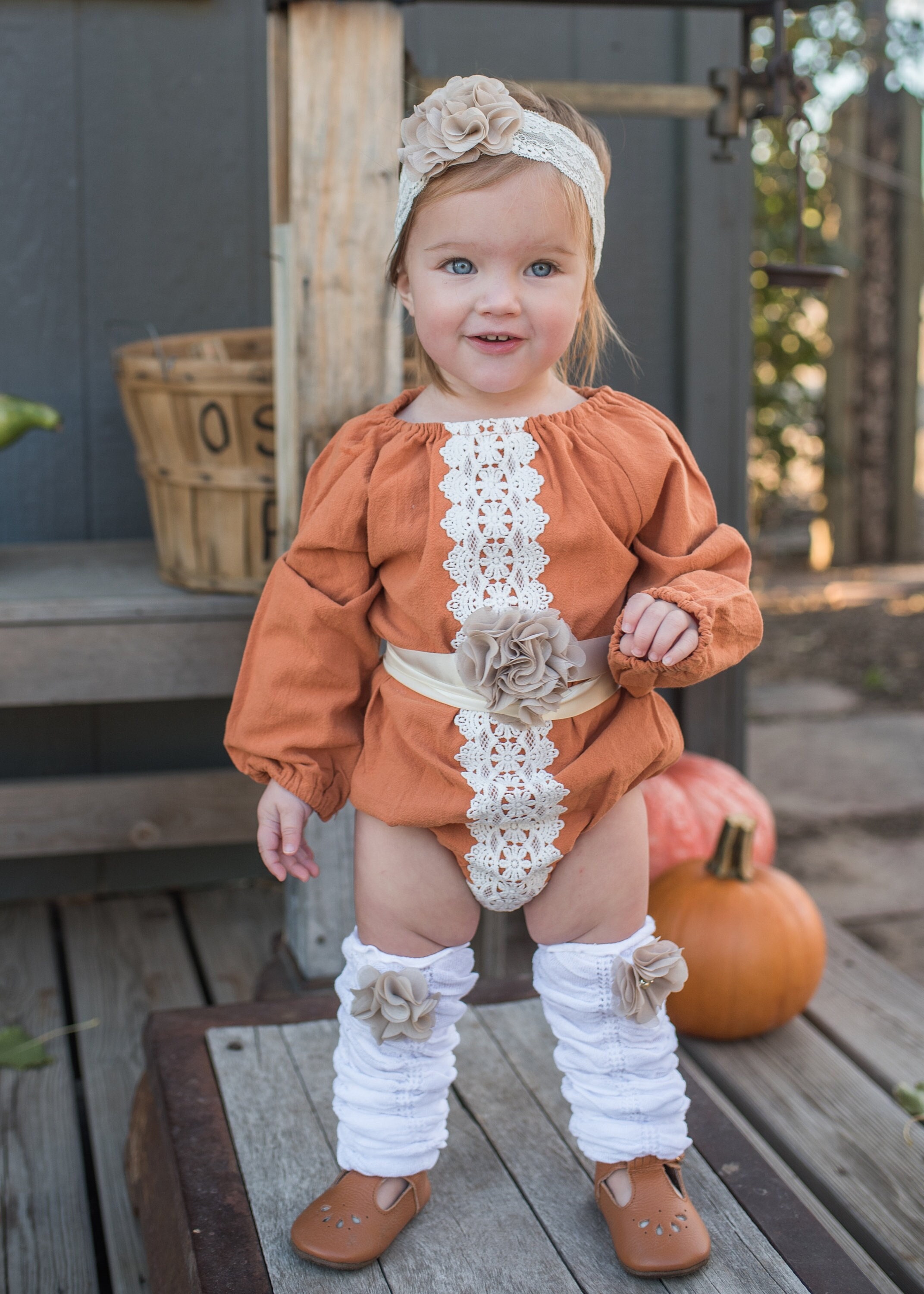 Pumpkin Boho Chic White Lace Cold Shoulder Romper Sash & Headband. Ne…
