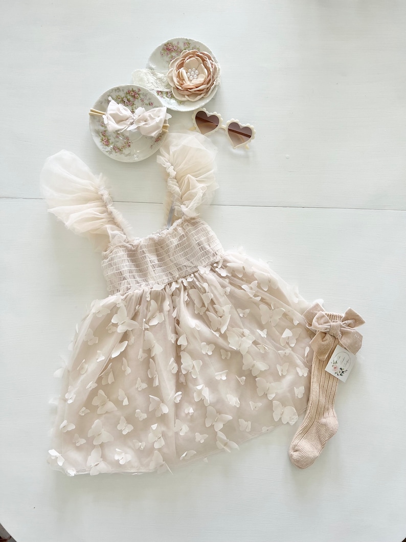 Baby Girl Easter Spring Boho Butterfly Tulle Dress or Romper, Neutral Ivory Cream Lace Bow Coming Home Outfit Summer Wedding Flower Girl image 1