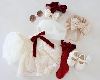 Christmas Holiday Baby Girl Bow Velvet Boho Tulle Dress Ivory Cream Lace Bow Coming Home Outfit Fall Thanksgiving Wedding Flower Girl Red