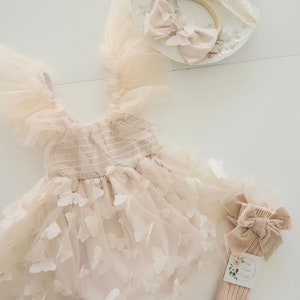 Baby Girl Easter Spring Boho Butterfly Tulle Dress or Romper, Neutral Ivory Cream Lace Bow Coming Home Outfit Summer Wedding Flower Girl image 9