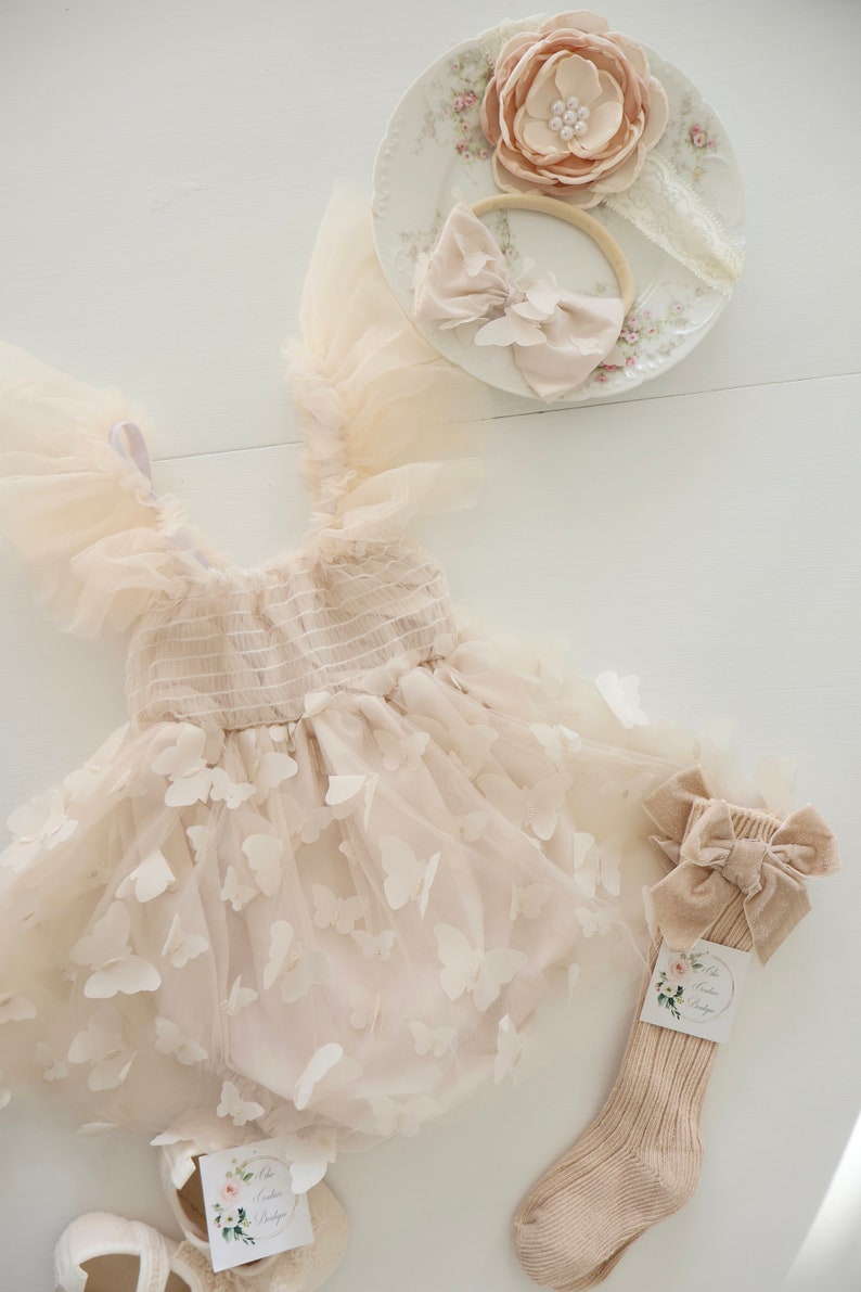 Baby Girl Easter Spring Boho Butterfly Tulle Dress or Romper, Neutral Ivory Cream Lace Bow Coming Home Outfit Summer Wedding Flower Girl image 9